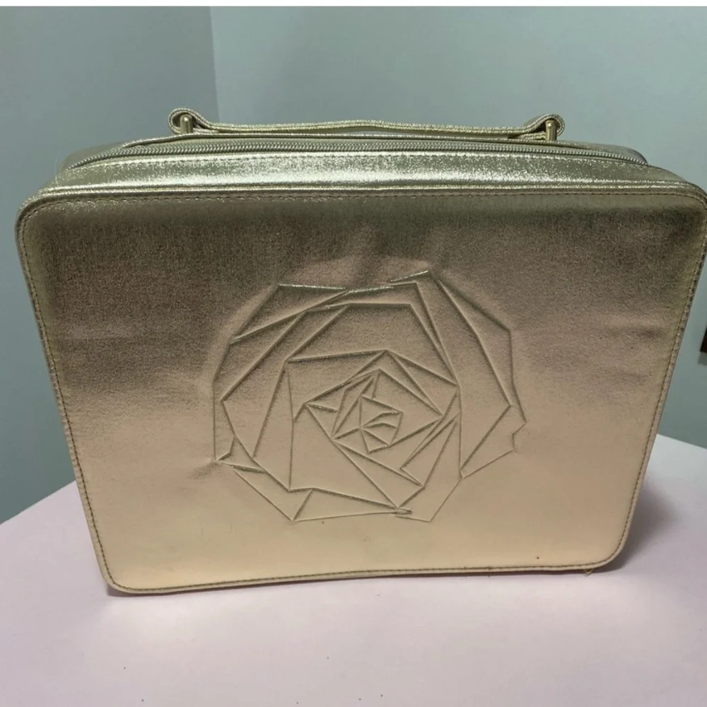New! Lancome Gold Shiny Makeup Box Tote Bag, Handle, Zipper - Holiday
